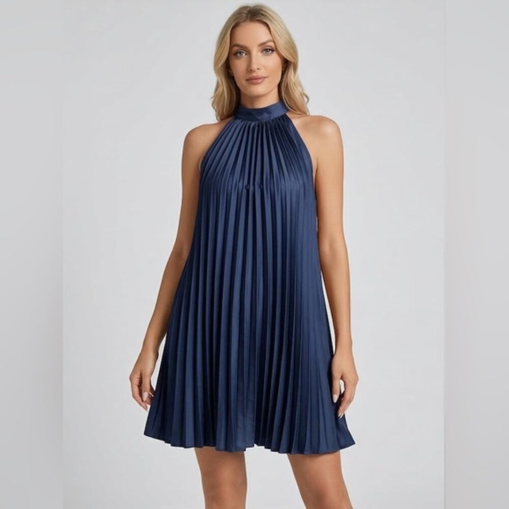 Tie Back Pleated Halter Dress Blue